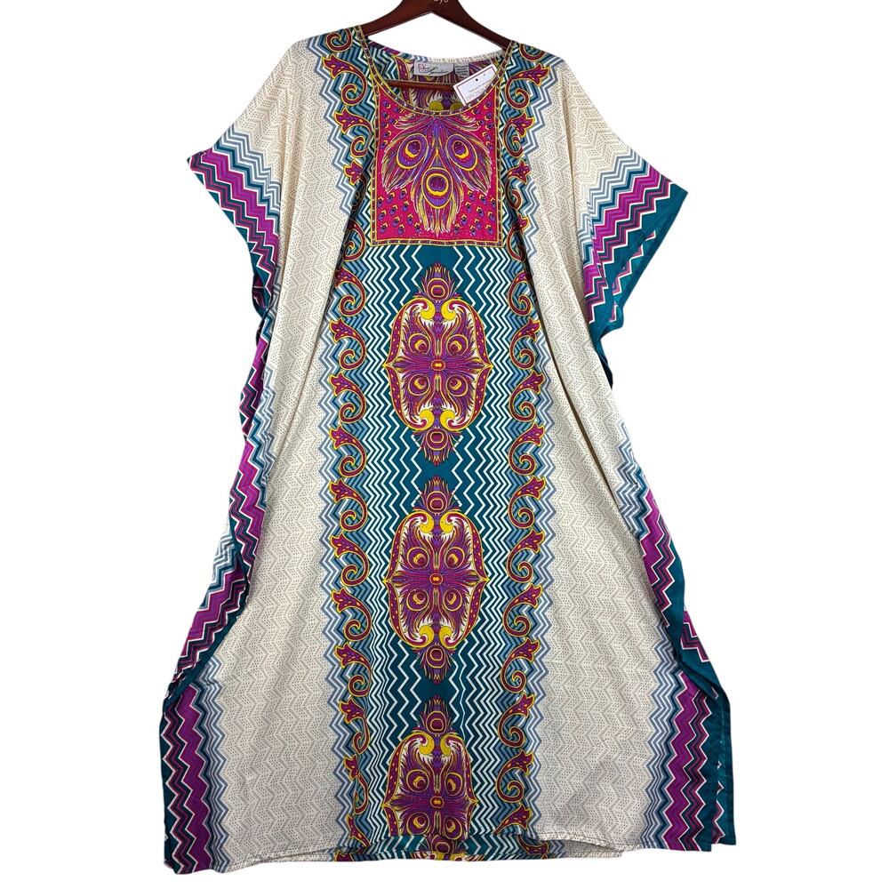 EY Signature Womens OS Caftan MuMu Maxi Poncho Dress Coverup Peacock Ethnic NWT